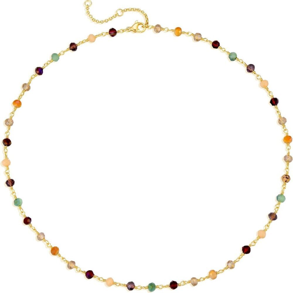 Beaded Necklaces for Women 14K Gold Plated Dainty Colorful Green/Rose Beaded Pea